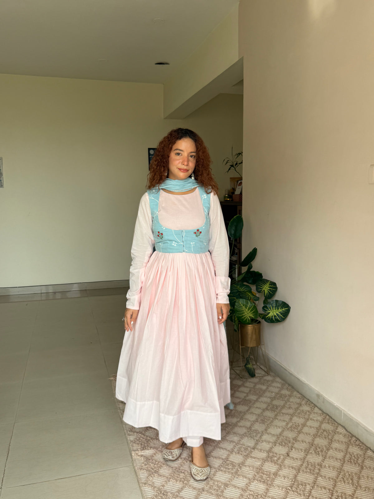 Indyadiva Pastel Pink & Aqua Corset Anarkali Set