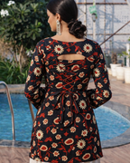 indyadiva Ranjha Black Ajrak Print Convertible kurti