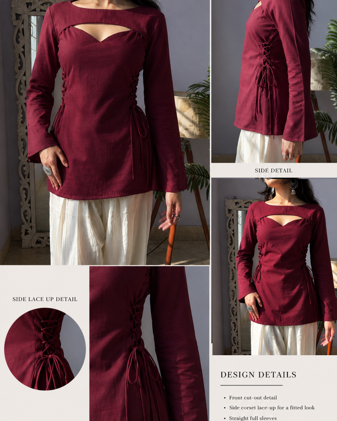 Indyadiva Siya Side Corset Dark Maroon Plain With Convertible Seelve Short Kurti
