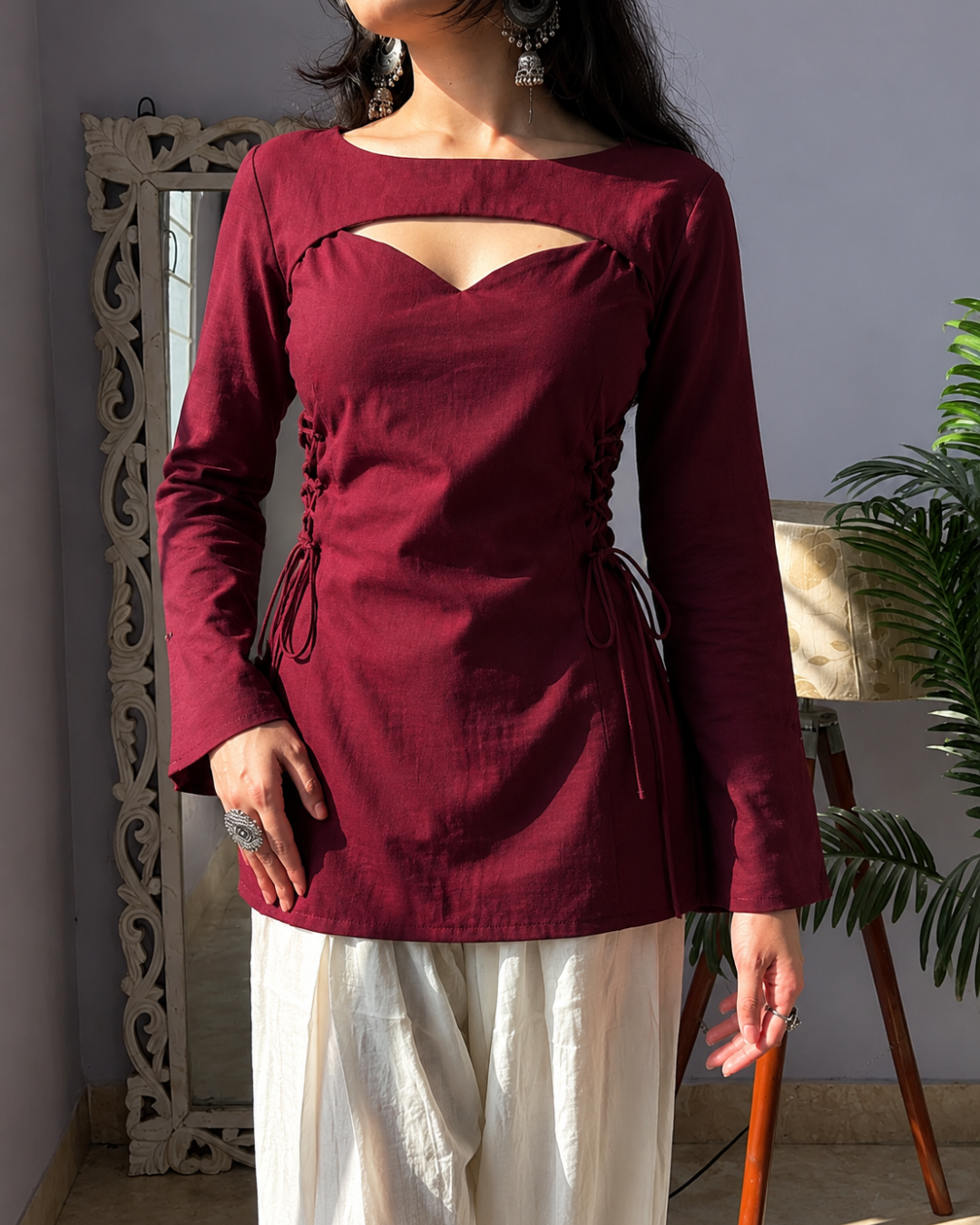 Indyadiva Siya Side Corset Dark Maroon Plain With Convertible Seelve Short Kurti