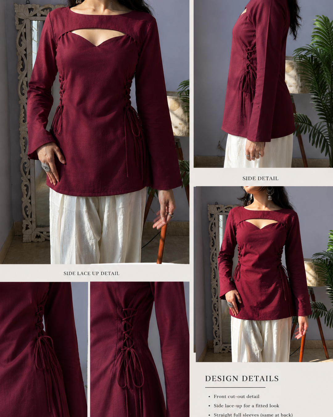 Indyadiva Siya Side Corset Dark Maroon Plain With Convertible Seelve Short Kurti
