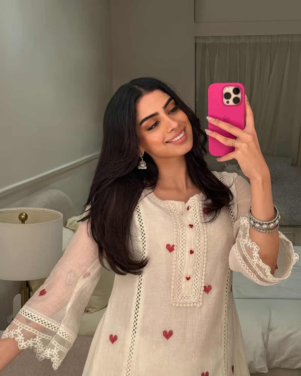 Indyadiva Ivory White Heart Handmade Embroidered Kora Cotton Suit Set