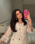 Indyadiva Ivory White Heart Handmade Embroidered Kora Cotton Suit Set