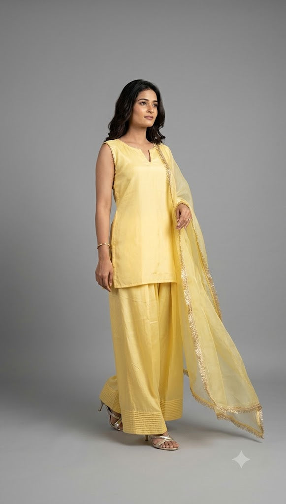 IndYaDiva Sunehri – Butter Yellow Satin Farshi Salwar Suit Set with Dupatta