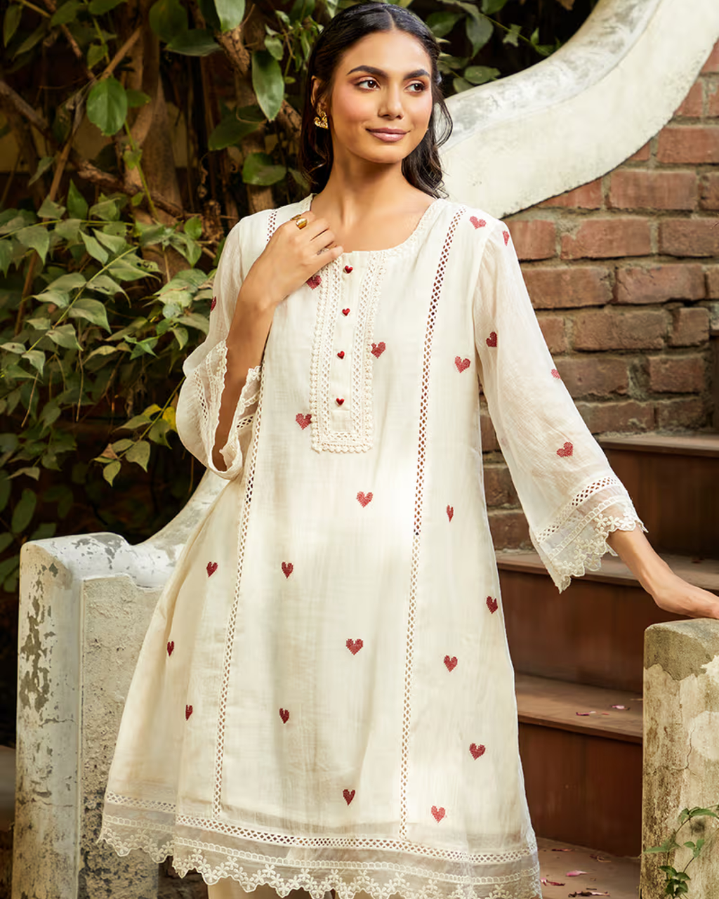 Indyadiva Ivory White Heart Handmade Embroidered Kora Cotton Suit Set