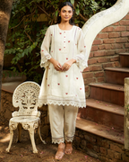 Indyadiva Ivory White Heart Handmade Embroidered Kora Cotton Suit Set
