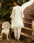Indyadiva Ivory White Heart Handmade Embroidered Kora Cotton Suit Set