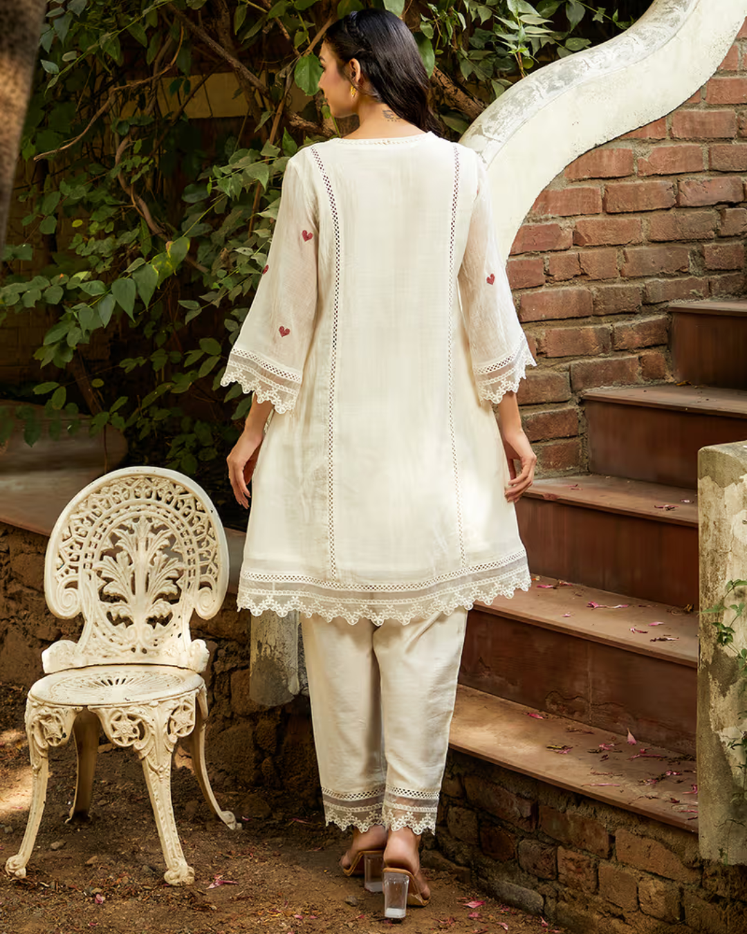 Indyadiva Ivory White Heart Handmade Embroidered Kora Cotton Suit Set