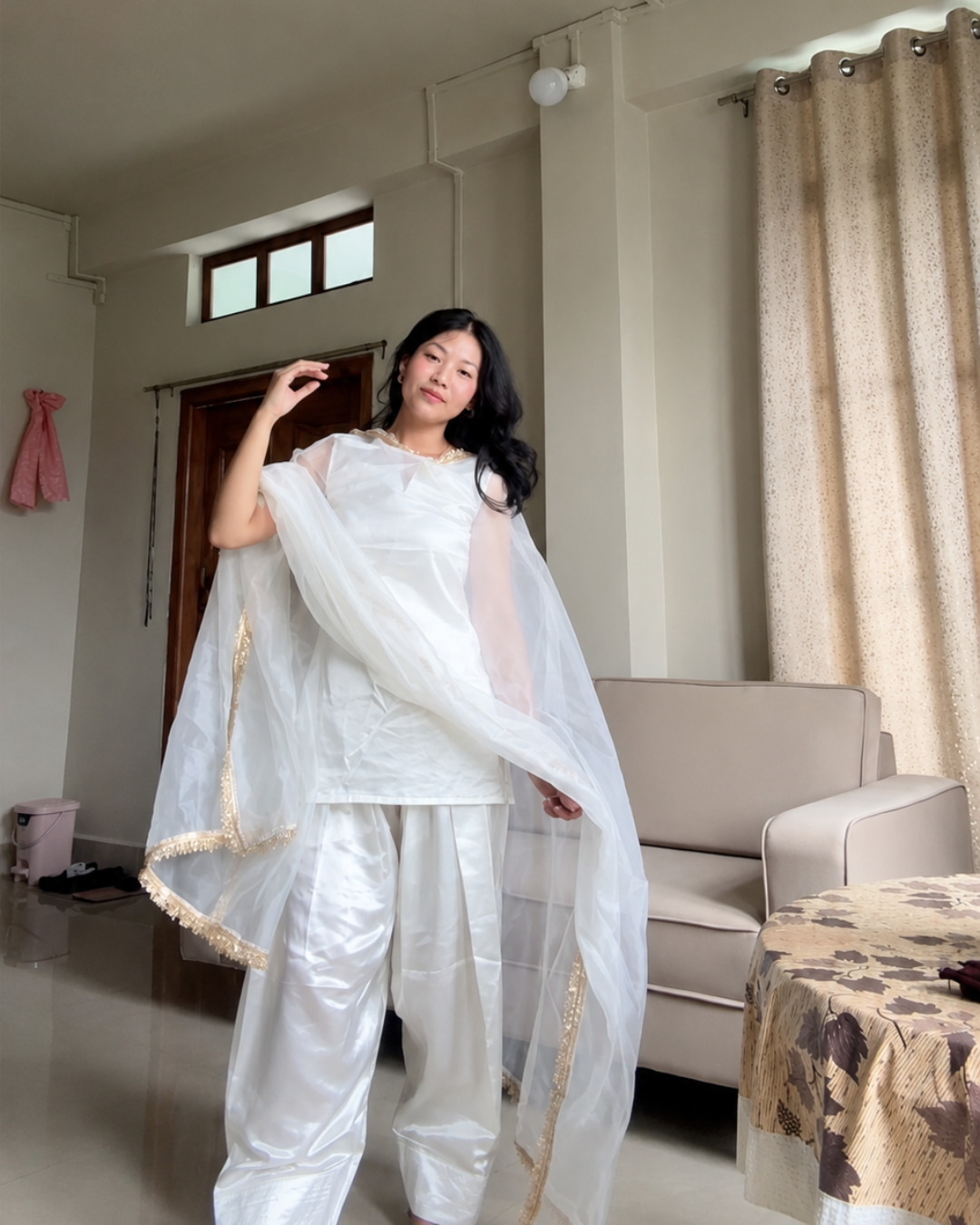Indyadiva Malai Satin Off White Double Lining Farshi Set