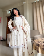 Indyadiva Ivory White Heart Handmade Embroidered Kora Cotton Suit Set