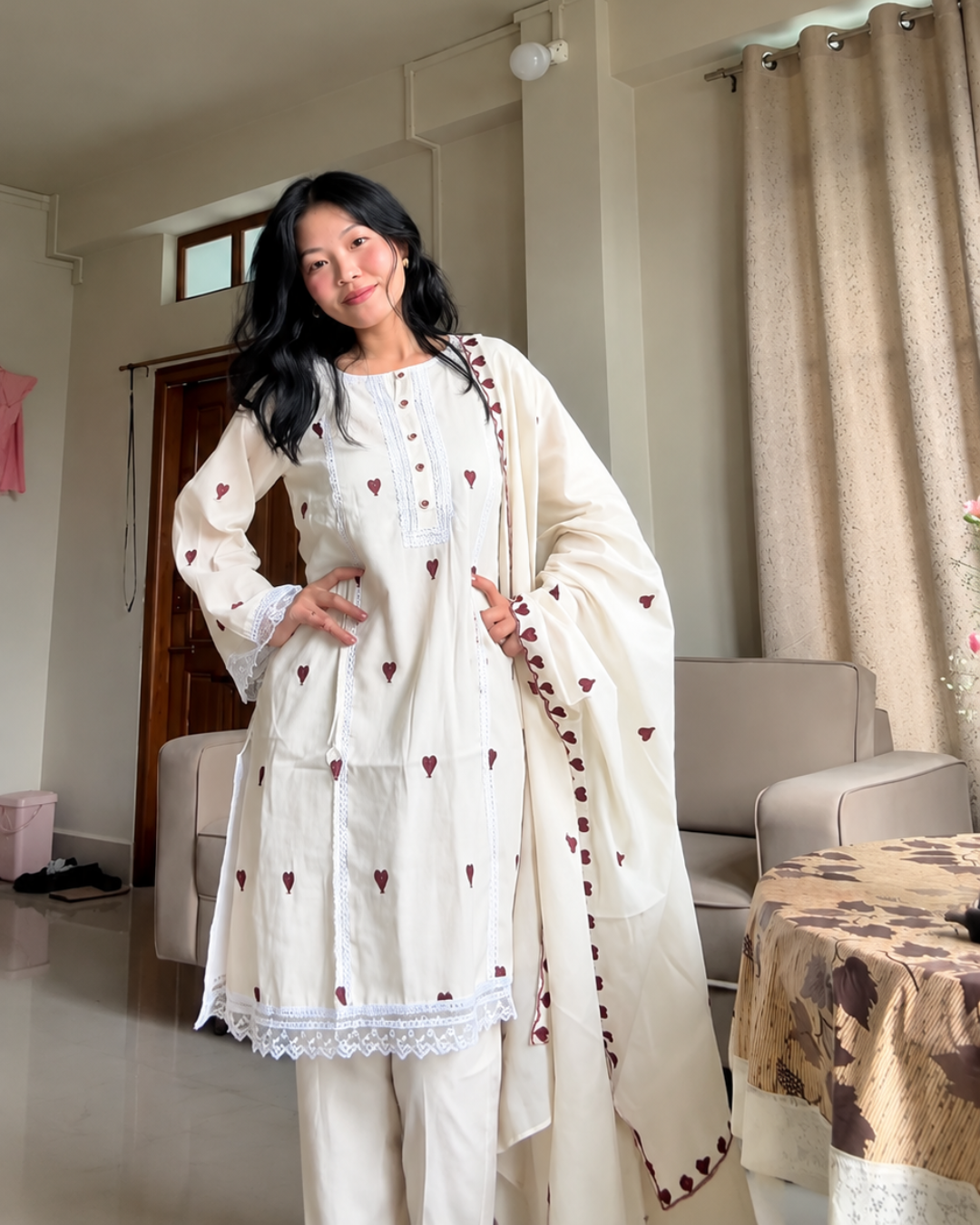 Indyadiva Ivory White Heart Handmade Embroidered Kora Cotton Suit Set
