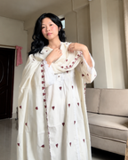 Indyadiva Ivory White Heart Handmade Embroidered Kora Cotton Suit Set