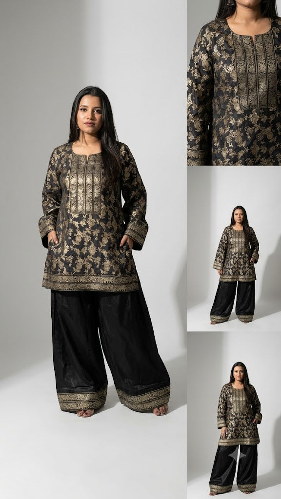 Indyadiva Zar-e-Noor Black & Gold banarsi Brocode Fabric Kurta with Farshi Salwar Set