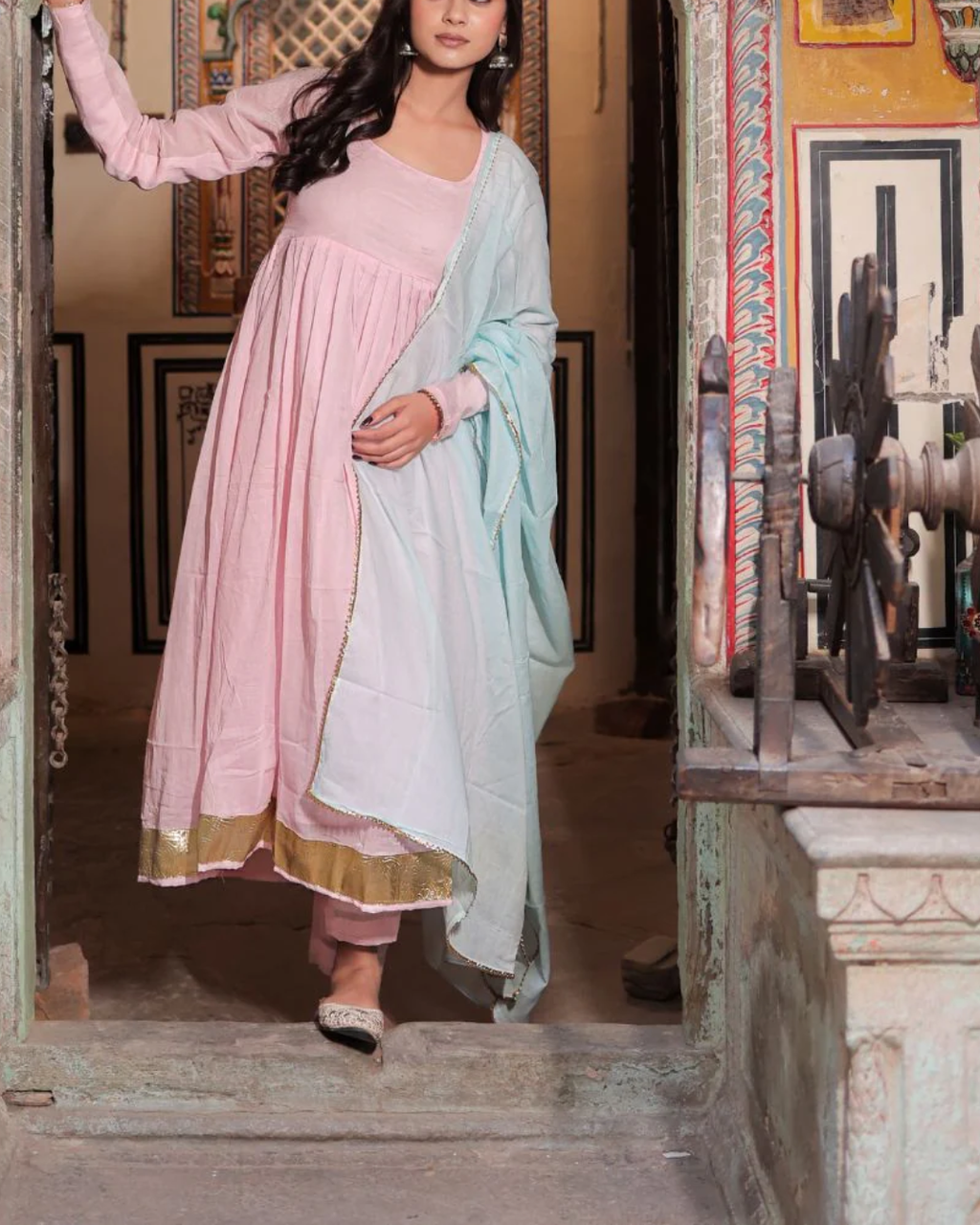 Indyadiva Pink Muslin Anarkali Suit Set with Contrast Dupatta