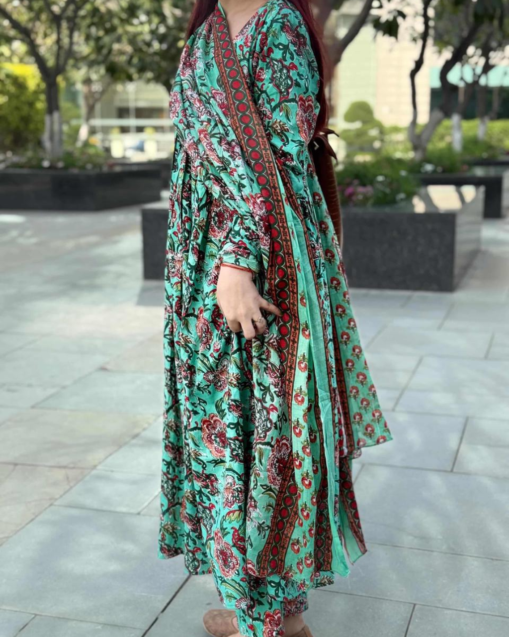 Indyadiva Gulnaaz three pcs set teal green color pure cotton