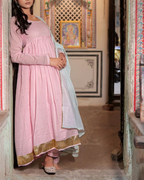 Indyadiva Pink Muslin Anarkali Suit Set with Contrast Dupatta