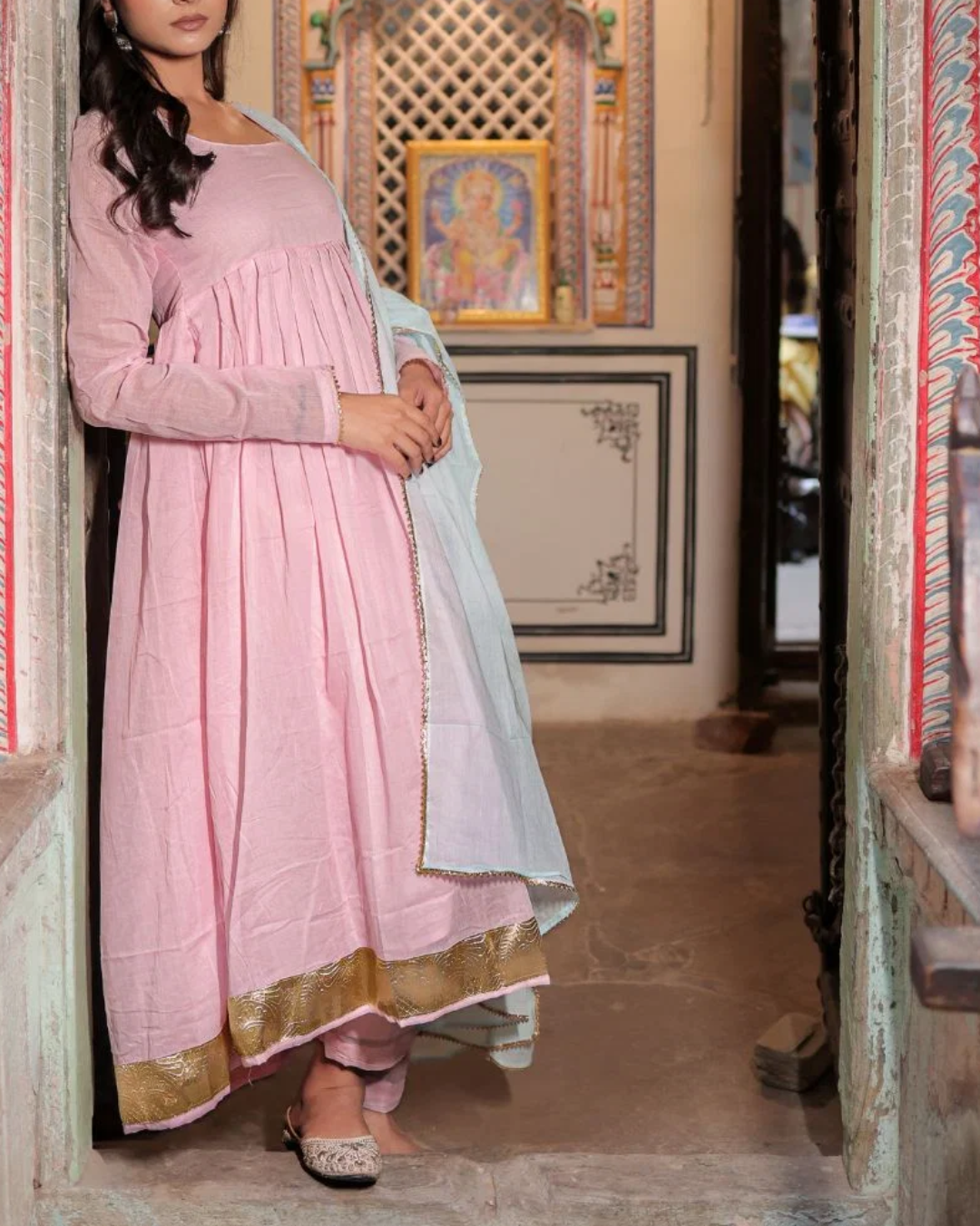 Indyadiva Pink Muslin Anarkali Suit Set with Contrast Dupatta