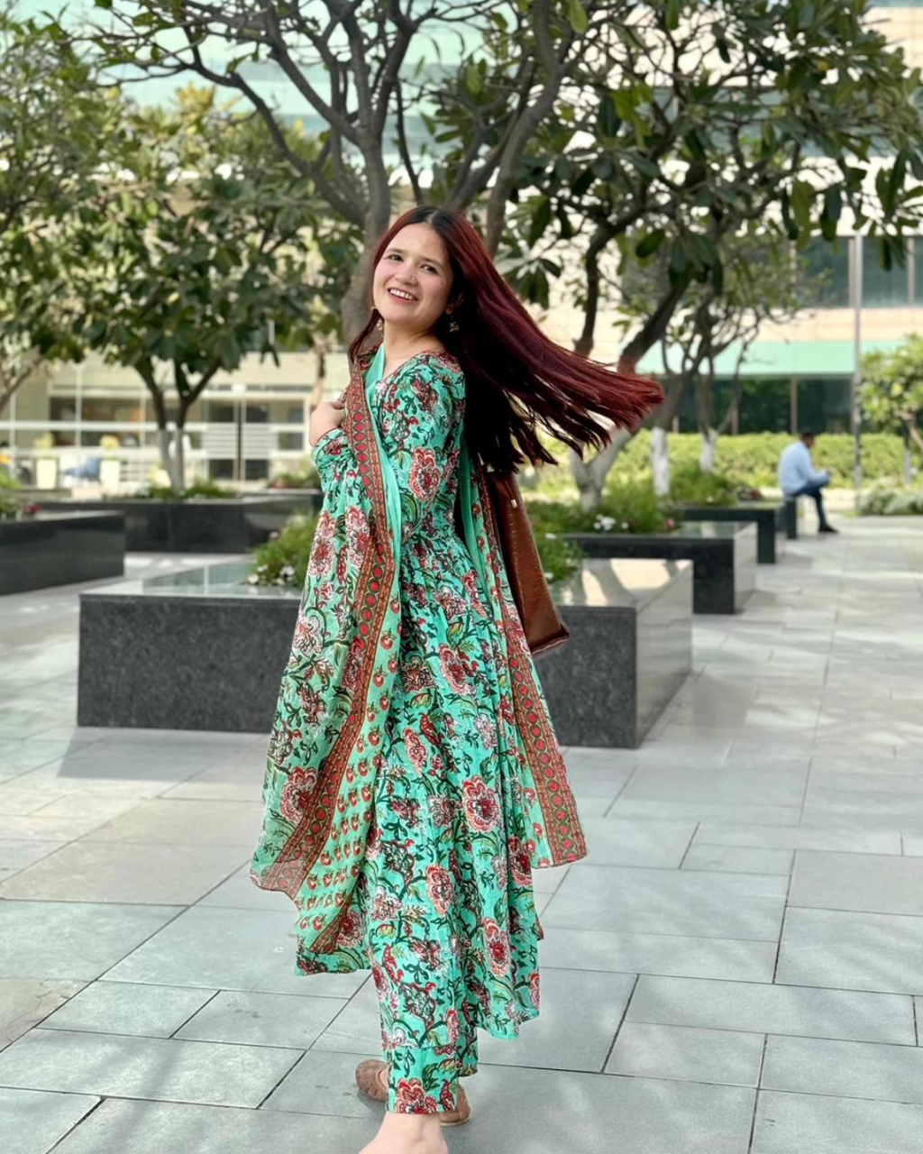 Indyadiva Gulnaaz three pcs set teal green color pure cotton