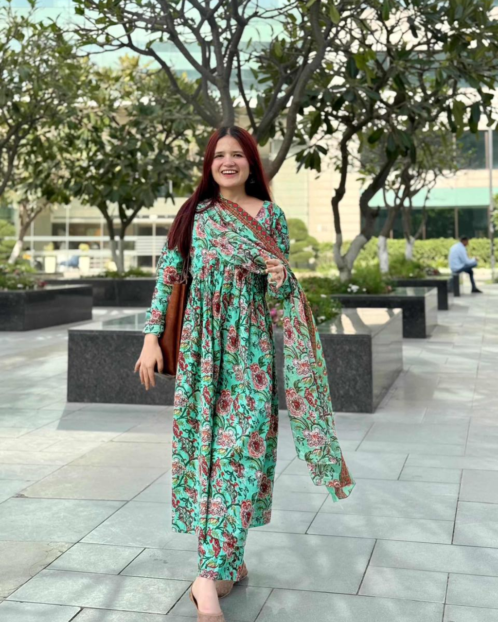 Indyadiva Gulnaaz three pcs set teal green color pure cotton