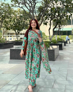 Indyadiva Gulnaaz three pcs set teal green color pure cotton