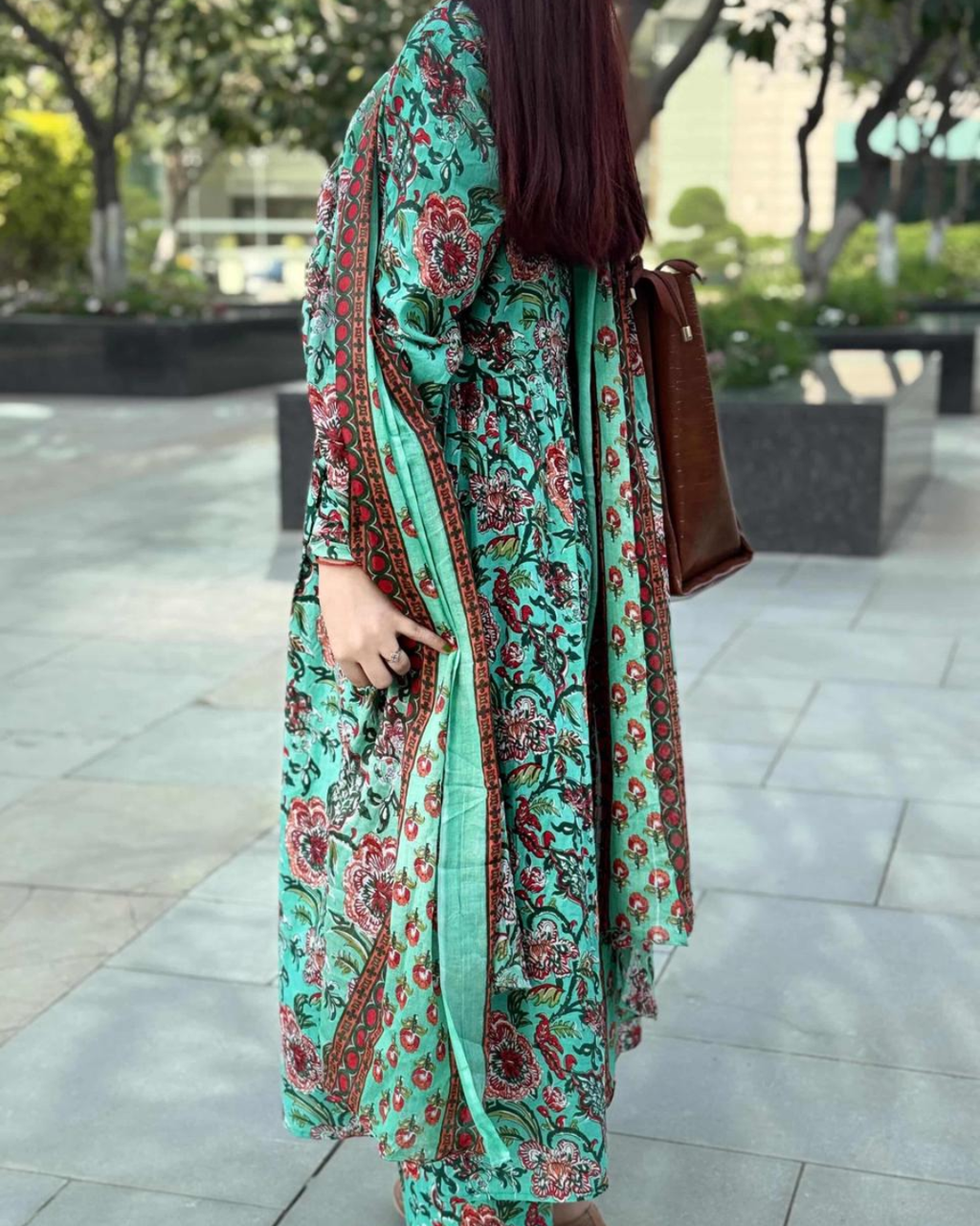 Indyadiva Gulnaaz three pcs set teal green color pure cotton