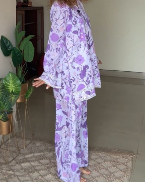 Indyadiva Aamna Three Pcs Lilac Cotton Farshi Set