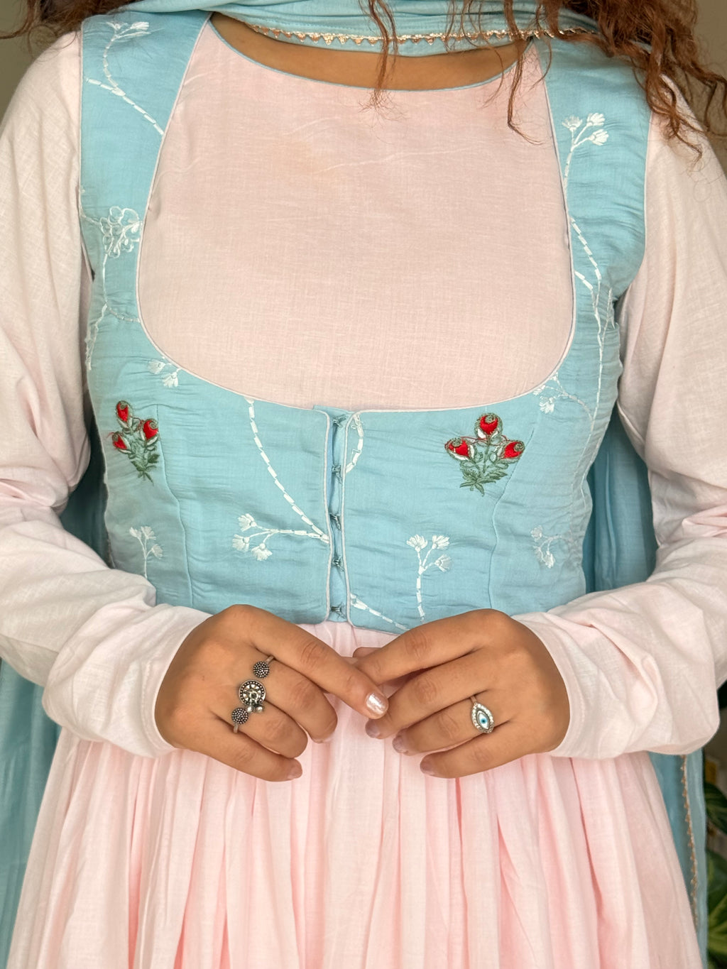 Indyadiva Pastel Pink & Aqua Corset Anarkali Set