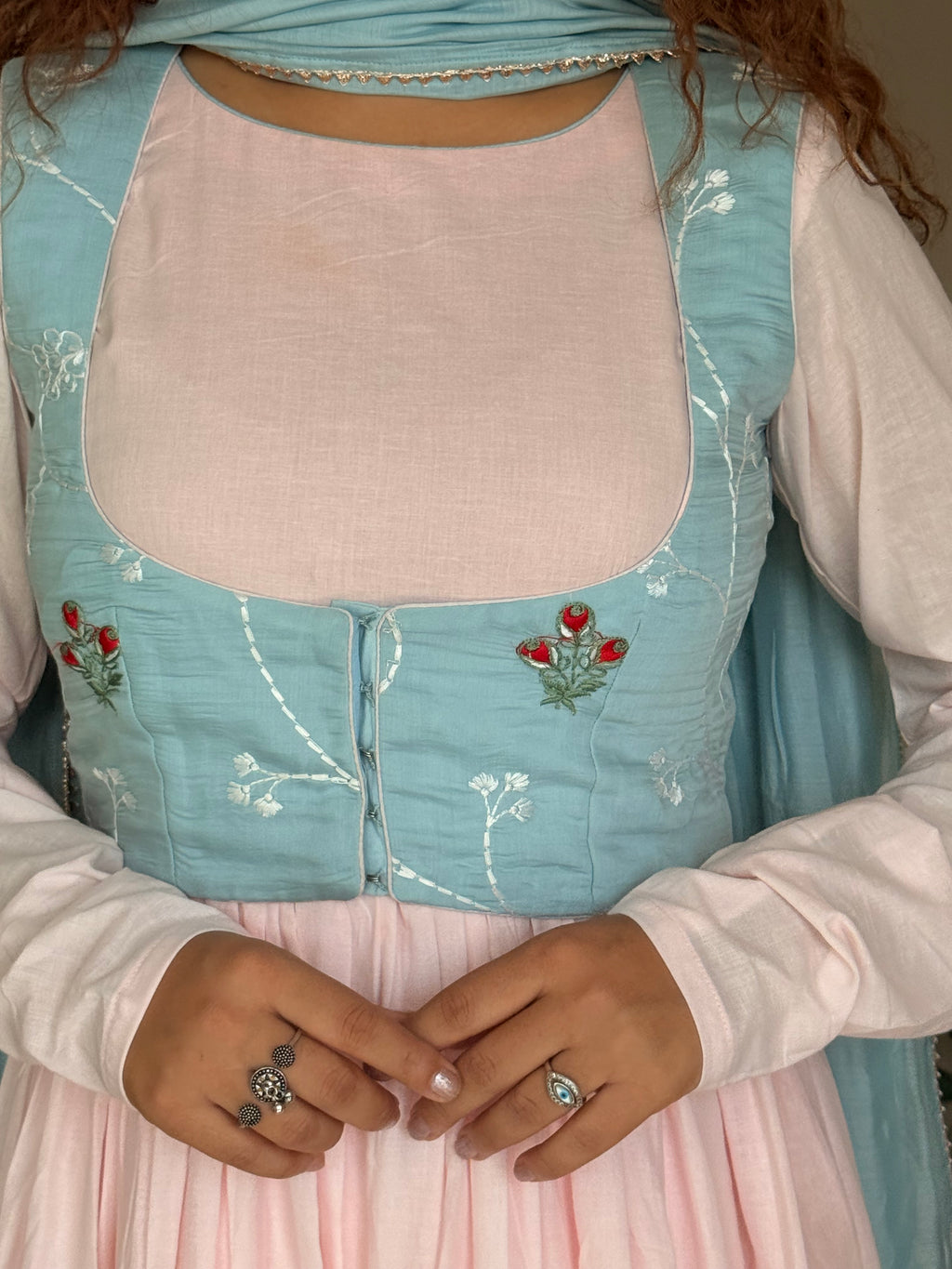 Indyadiva Pastel Pink & Aqua Corset Anarkali Set