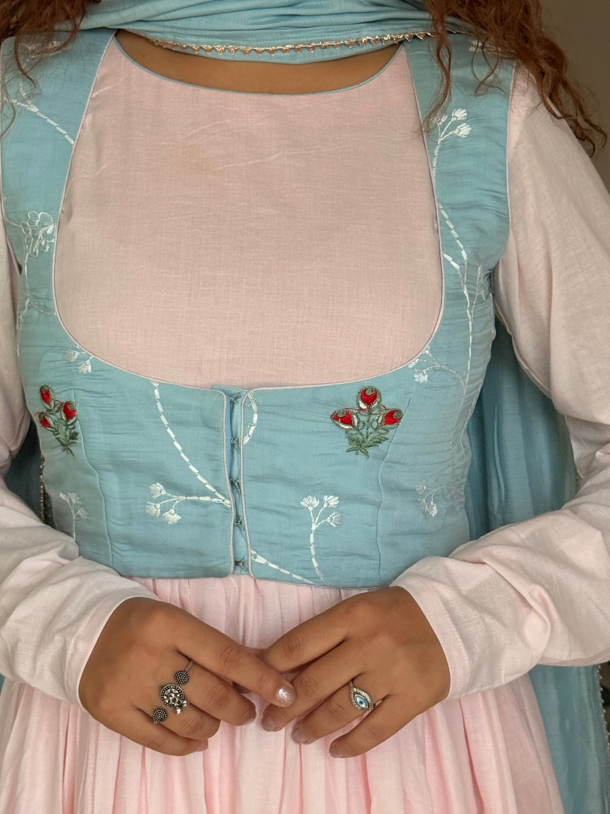 Indyadiva Pastel Pink & Aqua Corset Anarkali Set
