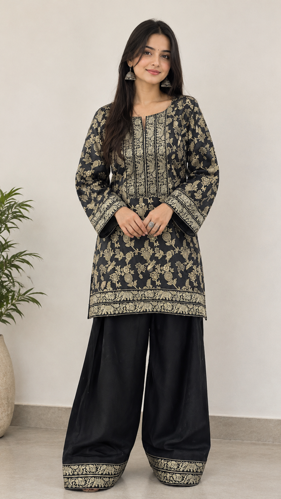 Indyadiva Zar-e-Noor Black & Gold banarsi Brocode Fabric Kurta with Farshi Salwar Set