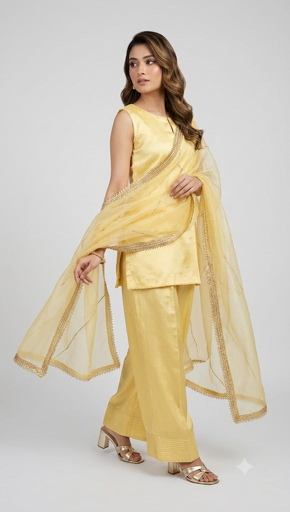 IndYaDiva Sunehri – Butter Yellow Satin Farshi Salwar Suit Set with Dupatta