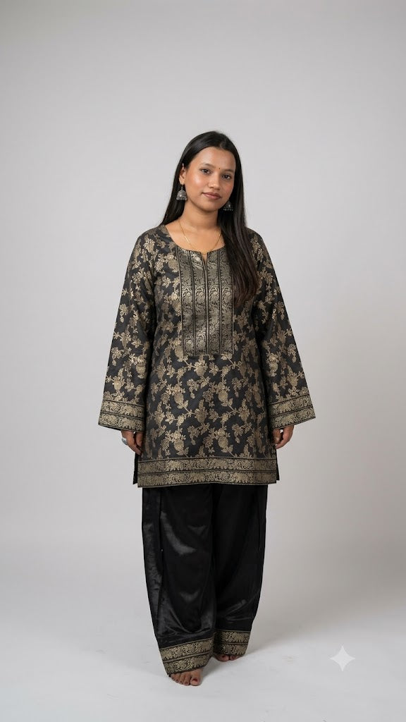 Indyadiva Zar-e-Noor Black & Gold banarsi Brocode Fabric Kurta with Farshi Salwar Set