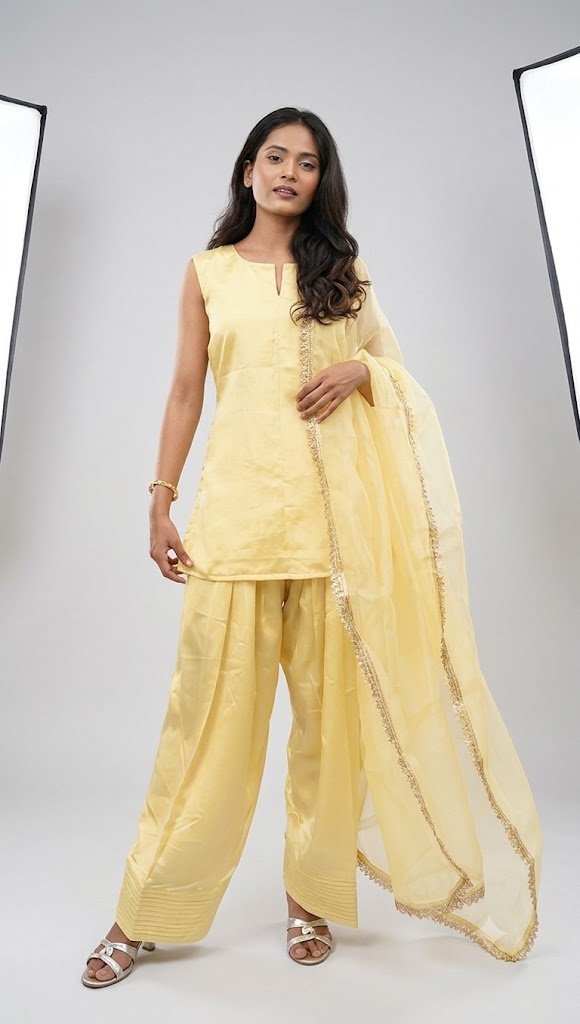 IndYaDiva Sunehri – Butter Yellow Satin Farshi Salwar Suit Set with Dupatta